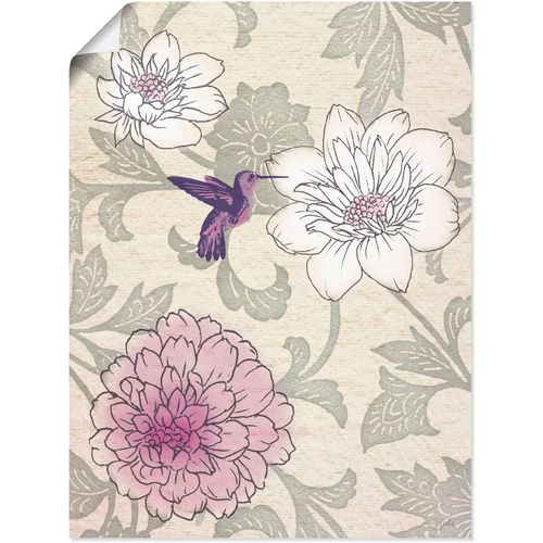 4055327289627 - Wandbild ARTLAND Blumenmuster mit Kolibri Bilder Gr B H 60 cm x 80 cm Poster Blumen 1 St grau Bild Poster Bilder als Alubild Leinwandbild Wandaufkleber oder in versch Größen