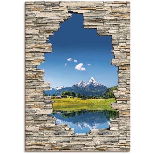 4062144713822 - Wandbild ARTLAND Landschaft in den Alpen Blick Steinmauer Bilder Gr B H 50 cm x 70 cm Leinwandbild Berge & Alpenbilder Hochformat 1 St blau Kunstdrucke als Alubild Leinwandbild Wandaufkleber oder Poster in versch Größen