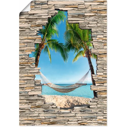 4062144713709 - Wandbild ARTLAND Palmenstrand Karibik Hängematte Stein Bilder Gr B H 90 cm x 130 cm Poster Karibikbilder Hochformat 1 St blau Kunstdrucke als Alubild Leinwandbild Wandaufkleber oder Poster in versch Größen