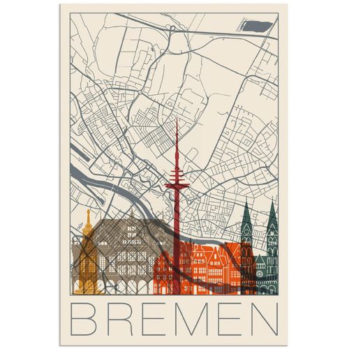 4059745964371 - Wandbild ARTLAND Retro Karte Bremen Bilder Gr B H 40 cm x 60 cm Alu-Dibond-Druck Deutschland Hochformat 1 St beige (naturfarben) Bild Poster Bilder als Alubild Leinwandbild Wandaufkleber oder in versch Größen