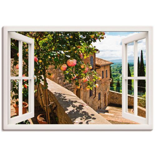 4057738334118 - Wandbild ARTLAND Fensterblick Rosen auf Balkon Toskana Bilder Gr B H 70 cm x 50 cm Leinwandbild Garten Querformat 1 St weiß Bild Leinwandbild Kunstdrucke Bilder als Alubild Leinwandbild Wandaufkleber oder Poster in versch Größen