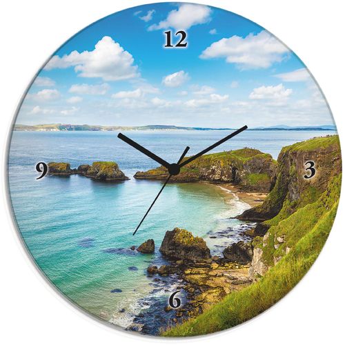 4062144605042 - Wanduhr ARTLAND Glasuhr rund Küstenweg in Carrick-a-Rede Wanduhren Gr B H T 30 cm x 30 cm x 18 cm Quarzuhr grün Wanduhren wahlweise mit Quarz- oder Funhuhrwerk lautlos ohne Tickgeräusche