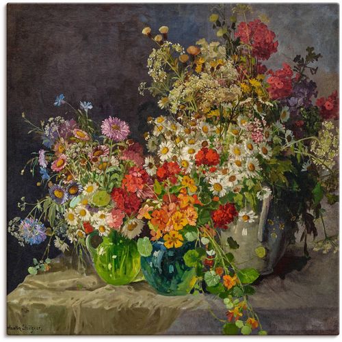 4062144805848 - Wandbild ARTLAND Stillleben mit Wiesenblumen in Krügen Bilder Gr B H 50 cm x 50 cm Leinwandbild Arrangements quadratisch 1 St beige (naturfarben) Kunstdrucke als Alubild Leinwandbild Wandaufkleber oder Poster in versch Größen