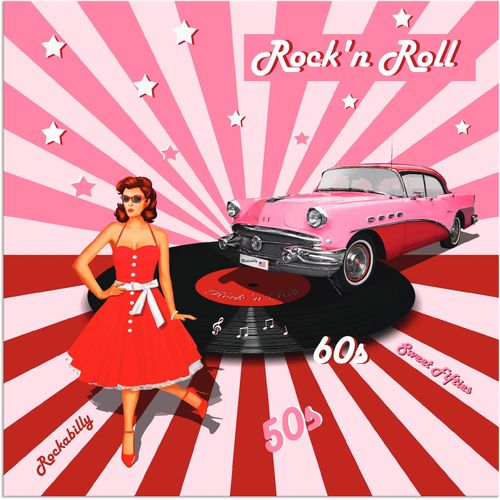 4059745424578 - Wandbild ARTLAND Rockn Roll die 50er Jahre Bilder Gr B H 40 cm x 40 cm Alu-Dibond-Druck Auto 1 St pink Bild Kunstdruck Leinwandbild Kunstdrucke Bilder als Alubild Leinwandbild Wandaufkleber oder Poster in versch Größen