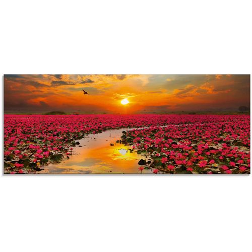 4058661450692 - Glasbild ARTLAND Sonnenschein blühende Lotusblume Bilder Gr B H 125 cm x 50 cm Glasbild Blumen 1 St orange Glasbilder in verschiedenen Größen
