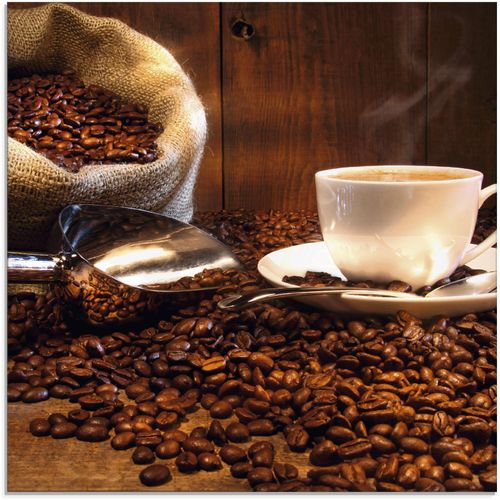 4058661632883 - Glasbild ARTLAND Kaffeetasse und Leinensack auf Tisch Bilder Gr B H 30 cm x 30 cm Getränke 1 St braun Glasbilder Bilder in verschiedenen Größen