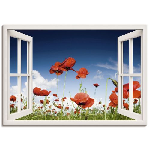 4055327351614 - Wandbild ARTLAND Fensterblick Feld mit Mohnblumen Bilder Gr B H 70 cm x 50 cm Leinwandbild Fensterblick Querformat 1 St weiß Bild Poster Bilder als Leinwandbild Wandaufkleber oder in versch Größen
