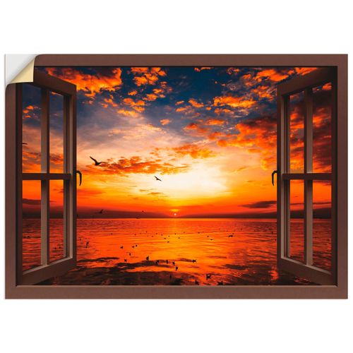 4057738620594 - Wandbild ARTLAND Fensterblick Sonnenuntergang am Strand Bilder Gr B H 70 cm x 50 cm Wandaufkleber - Vinyl Fensterblick Querformat 1 St braun Bild Leinwandbild Kunstdrucke Bilder als Leinwandbild Wandaufkleber oder Poster in versch Größen