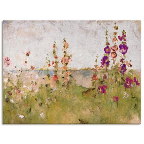 4055327745949 - Wandbild ARTLAND Stockrosen am Meer Bilder Gr B H 120 cm x 90 cm Leinwandbild Blumen Querformat 1 St grün Bild Leinwandbild Kunstdrucke Bilder als Leinwandbild Wandaufkleber oder Poster in versch Größen