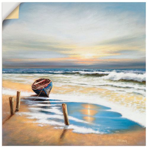 4062144385128 - Wandbild ARTLAND Boot an der Küste Bilder Gr B H 50 cm x 50 cm Wandaufkleber - Vinyl Strand quadratisch 1 St blau Bild Poster Bilder als Leinwandbild Wandaufkleber oder in versch Größen