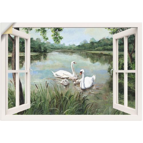 4057738351252 - Wandbild ARTLAND Fensterblick - Schwäne Bilder Gr B H 100 cm x 70 cm Wandaufkleber - Vinyl Vögel 1 St weiß Bild Poster Bilder als Alubild Leinwandbild Wandaufkleber oder in versch Größen