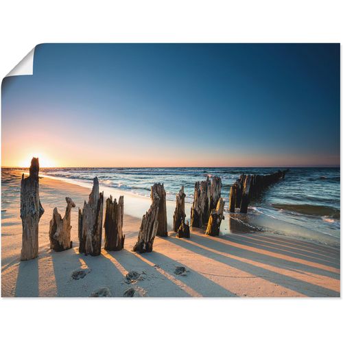 4062144602690 - Wandbild ARTLAND Sonnenuntergang Strand Wellenbrecher Bilder Gr B H 120 cm x 90 cm Poster Meer Bilder Querformat 1 St braun Kunstdrucke als Alubild Leinwandbild Wandaufkleber oder Poster in versch Größen