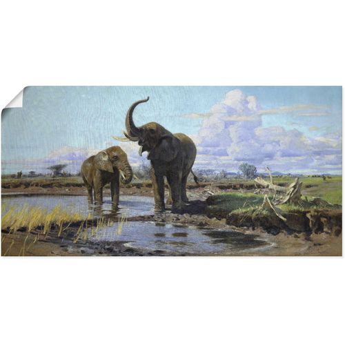 4058661200204 - Wandbild ARTLAND Elefanten an der Wasserstelle Bilder Gr B H 40 cm x 20 cm Poster Wildtiere 1 St beige (naturfarben) Bild Poster Bilder als Alubild Leinwandbild Wandaufkleber oder in versch Größen