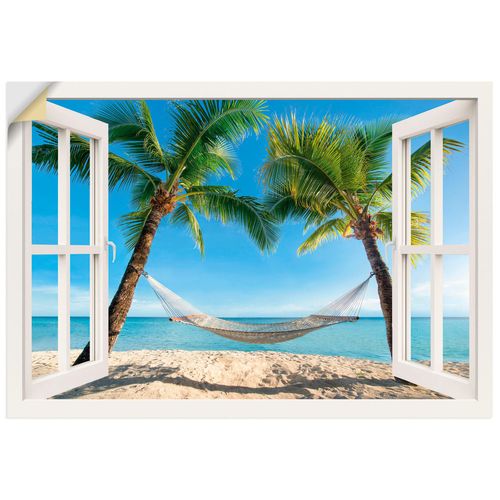 4057738351801 - Wandbild ARTLAND Fensterblick Palmenstrand Karibik Bilder Gr B H 130 cm x 90 cm Wandaufkleber - Vinyl Amerika Querformat 1 St weiß Bild Poster Bilder als Alubild Leinwandbild Wandaufkleber oder in versch Größen