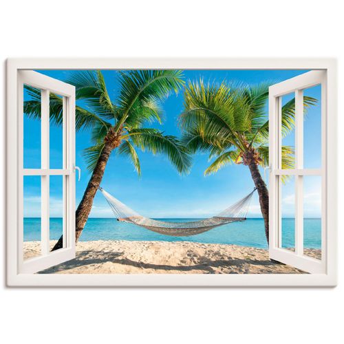 4057738334439 - Wandbild ARTLAND Fensterblick Palmenstrand Karibik Bilder Gr B H 130 cm x 90 cm Leinwandbild Amerika Querformat 1 St weiß Bild Poster Bilder als Alubild Leinwandbild Wandaufkleber oder in versch Größen