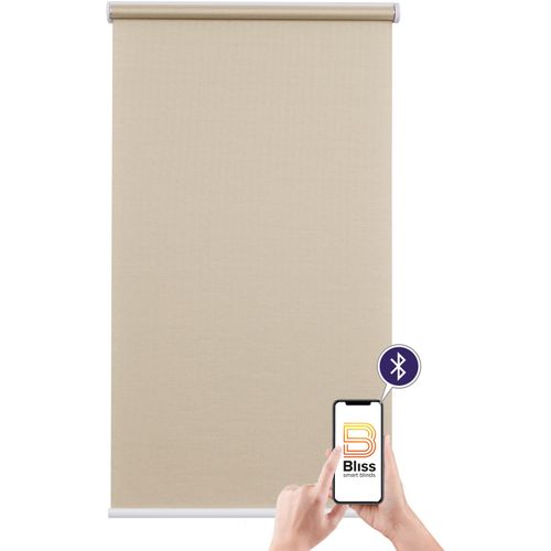 4001442759002 - Elektrisches Rollo Mosaik Rollos Gr 180 cm stufenlos positionierbar Rollo einzeln 90 cm beige (beige weiß) Rollos appgesteuert via Bluetooth mit Akku und Motor weißer Fallstab