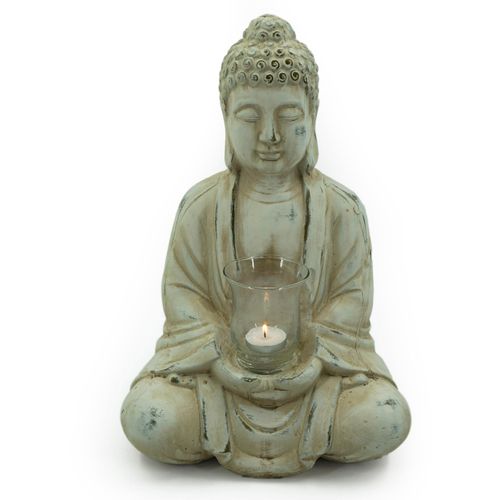 4031456130566 - Teelichthalter Buddha Kerzenhalter Gr B H T 25 cm x 40 cm x 19 cm weiß Teelichthalter Kerzenhalter mit Teelichtglas Höhe 40 cm