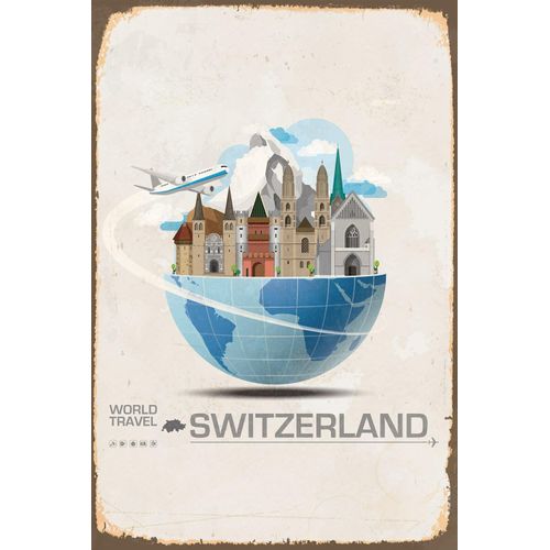 4049009927051 - Metallbild QUEENCE WORLD TRAVEL SWITZERLAND Bilder Gr B H T 30 cm x 45 cm x 05 cm Metallbild Schweiz Hochformat blau (blau weiß) Metallbilder Blechschilder