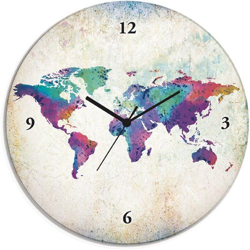 4062144604724 - Wanduhr ARTLAND Glasuhr rund bunte Weltkarte Wanduhren Gr B H T 30 cm x 30 cm x 18 cm Quarzuhr bunt Wanduhren wahlweise mit Quarz- oder Funhuhrwerk lautlos ohne Tickgeräusche