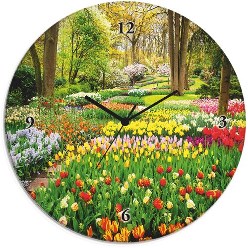 4062144604281 - Wanduhr ARTLAND Glasuhr rund Tulpen Garten Frühling Wanduhren Gr B H T 30 cm x 30 cm x 18 cm Quarzuhr bunt Wanduhren wahlweise mit Quarz- oder Funhuhrwerk lautlos ohne Tickgeräusche