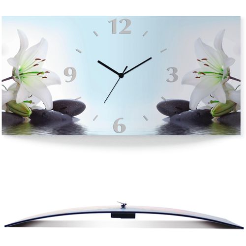 4059745812597 - Wanduhr ARTLAND Nadonna Lilien und Spa Steine im Wasser Wanduhren Gr B H T 60 cm x 30 cm x 03 cm Funkuhr weiß Wanduhren 3D Optik gebogen mit Quarz- oder Funkuhrwerk versch Größen