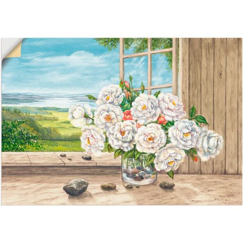 4057738268765 - Wandbild ARTLAND Weiße Rosen am Fenster Bilder Gr B H 100 cm x 70 cm Wandaufkleber - Vinyl Blumen 1 St beige (naturfarben) Bild Poster Bilder als Alubild Leinwandbild Wandaufkleber oder in versch Größen