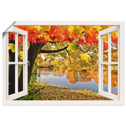 4057738335702 - Wandbild ARTLAND Fensterblick Herbsttag an einem See Bilder Gr B H 70 cm x 50 cm Poster Gewässer Querformat 1 St grün Bild Leinwandbild Kunstdrucke Bilder als Alubild Leinwandbild Wandaufkleber oder Poster in versch Größen