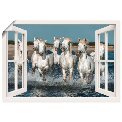 4057738336181 - Wandbild ARTLAND Fensterblick Pferde am Strand Bilder Gr B H 70 cm x 50 cm Poster Haustiere Querformat 1 St weiß Bild Poster Bilder als Alubild Leinwandbild Wandaufkleber oder in versch Größen