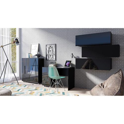 4066075079729 - Lomadox - Büro Schreibtisch Arbeitsplatz Set in schwarz Hochglanz mit led Beleuchtung CAIRNS-132 b h t ca 360 200 50 cm - schwarz