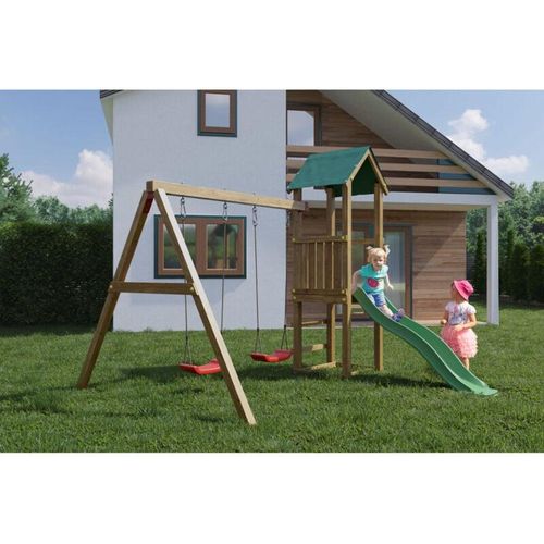 5902730334330 - Spielturm Lucas natur mit Doppelschaukel Rutsche und Holzdach - Fungoo