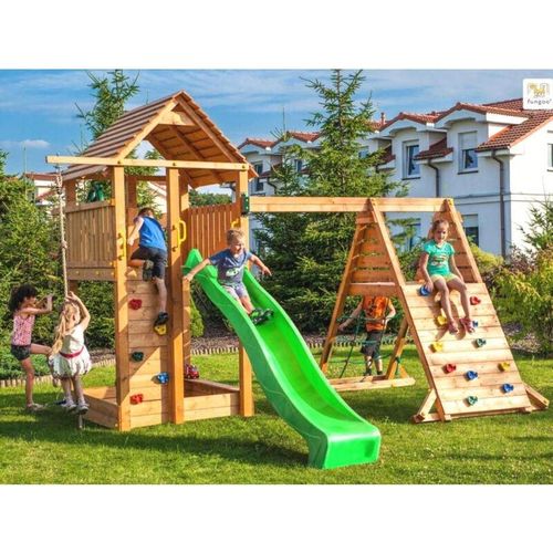 5902730330059 - Thegoodgarden - Fungoo Spielturm Fortress Spider+ teak mit Rutsche Holzdach Griffe Leiter Kletterturm und Schaukel