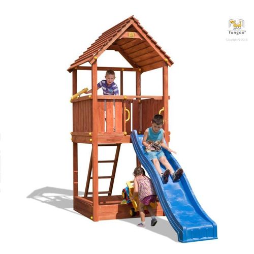 5902020527169 - Spielturm Joy teak mit Rutsche Leiter Holzdach und Fernrohr - Fungoo