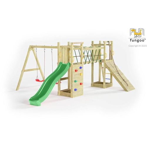 5902730333074 - Spielturm Maxi Funny natur mit Doppelschaukel Rutsche Verbindungselement Kletterwand und Rampe - Fungoo