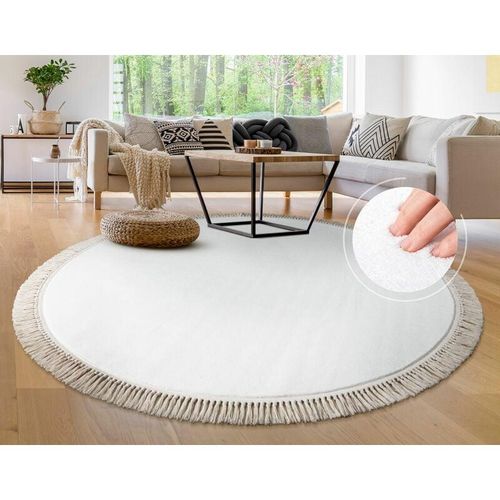 4061981231544 - Teppich Rund Wohnzimmer Kinderzimmer Hochflor Rutschfest Einfarbig Fransen Weich 120 cm Rund Creme - Paco Home