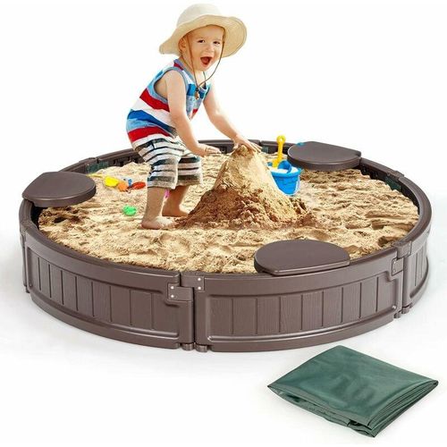 0794094558416 - Goplus - 120 cm Runder Sandbox HDPE-Sandkasten mit 3 Abnehmbaren Sitzen für Kinder Wetterbestaendige Sandkiste mit Oxford-Unterlage & Abdeckung für