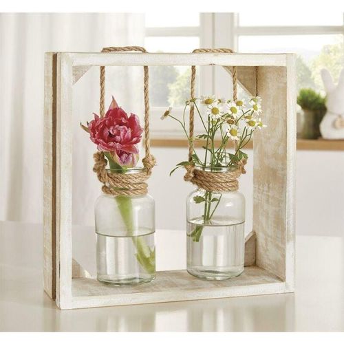 4260772027414 - Dekoleidenschaft - Holzrahmen Väschen mit 2 Glasvasen Vasenhalter aus Holz mit Blumenvase in Flaschenform Vase Vasenset