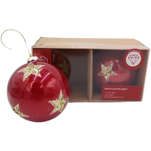 4251699827065 - Buri - Glas-Weihnachtsbaumkugeln 2er-Set Christbaumkugeln Weihnachtsschmuck Deko 9cm - rot   Stern