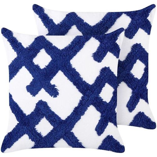 4255664865649 - Beliani - Dekokissen 2er Set Weiß u Blau aus Baumwolle Getuftet 45 x 45 cm Quadratisch Abnehmbarer Bezug für Wohnzimmer Schlafzimmer Sofa Sessel Bett