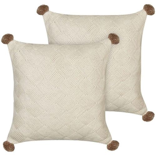 4255664871725 - Beliani - Dekokissen 2er Set Beige aus Baumwolle 45 x 45 cm Quadratisch mit Flechtmuster Pompons Modern Deko Sofa Sessel Bett Wohnzimmer Schlafzimmer