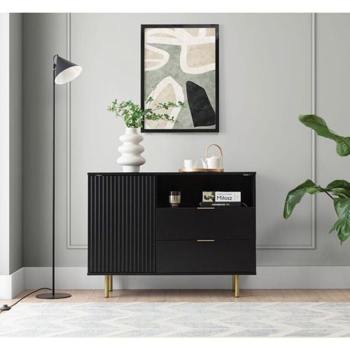 5905351292898 - Furnix - Kommode Nadija K1D2SZ Sideboard mit Schubladen und Metallfüßen Schwarz