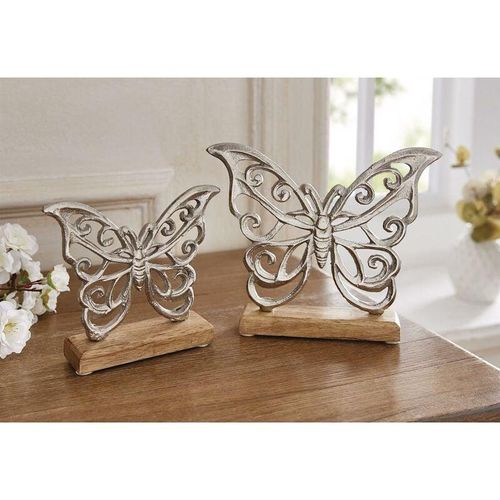 4260772027582 - Dekoleidenschaft - 2x Schmetterling Silber aus Aluminium im Antik Look & Mango Holz Frühlingsdeko Dekofigur Figurenset Butterfly