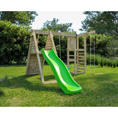 5902730330295 - Spielturm Climber teak mit Rutsche Einzelschaukel Kletterwand und Schaukelsitze - Fungoo