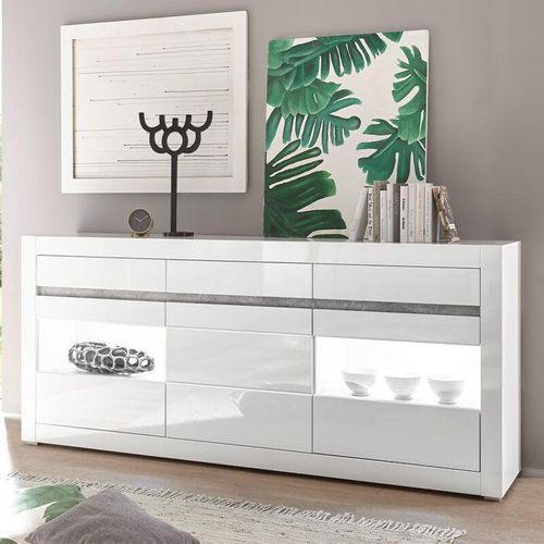 4251581528483 - Lomadox - Sideboard in weiß Hochglanz COGO-61 inkl led und mit Griffmulden in Betonoptik BxHxT 217x90x42cm - weiß