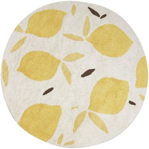 4255664861023 - Beliani - Teppich Beige u Gelb Baumwolle Rund 140cm Zitronenmuster Getuftet Kurzflor Kinderzimmer Baumwollteppich Kinderteppich Fußbodenheizung