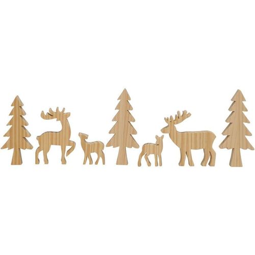 4262371533594 - Spetebo - Holz Tannenwald zum dekorieren 7-teilig - natur - Weihnachts Deko Tierfiguren Set - Tischdeko Winter Wald Tanne Tier Hirsch Rentier Figur