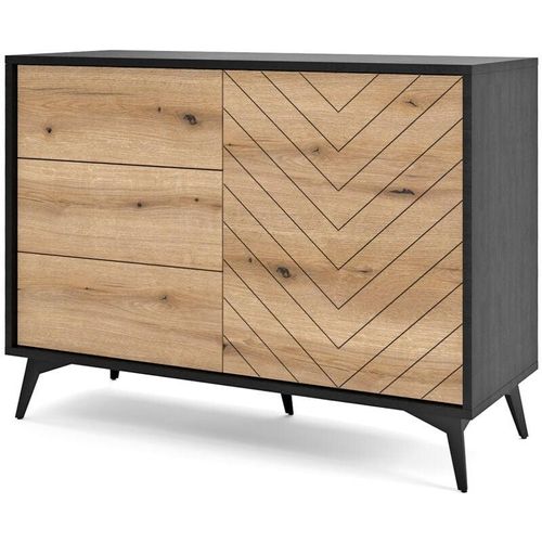 5903025885391 - Selsey BOULIA - Sideboard mit 3 Schubladen Schwarz mit Fischgrätfronten in Eiche 104 cm