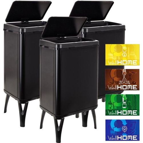 8434652387141 - Wellhome - well home mobiliario & decoración 3 x Smart Mülleimer 40 l Höhe 715 x 355 x 26 cm schwarz mit Magnetetiketten