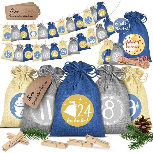 4255598302609 - KESSER® Adventskalender zum Befüllen 24 Jutebeutel Gedruckte Stoffbeutel Kinder Weihnachtskalender zum Selber Befüllen Inkl 24x Schildchen + 1 Großer Aufbewahrungsbeutel Stoff