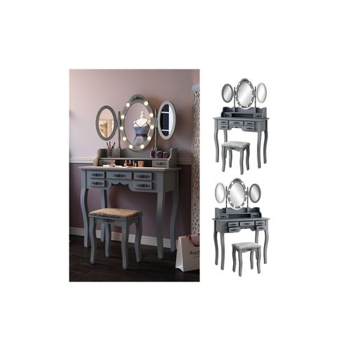 4066731415373 - Livinity Schminktisch Diana Grau 90 cm mit Beleuchtung und Hocker