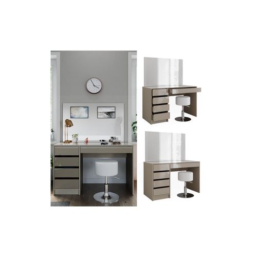 4066731412334 - Livinity Schminktisch Sherry Greige Hochglanz 120 x 75 cm 5 Schubladen Spiegel Hocker 4066731412334 - Livinity Schminktisch Sherry Greige Hochglanz 120 x 75 cm 5 Schubladen Spiegel Hocker